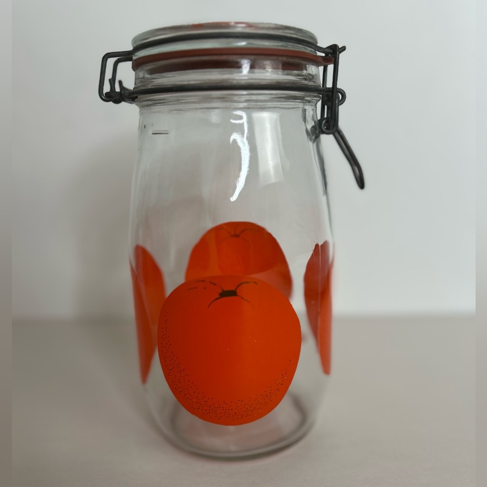 Vintage 60's The Cannery Hinged Glass Jar‎ Container with Orange Design 1.5L